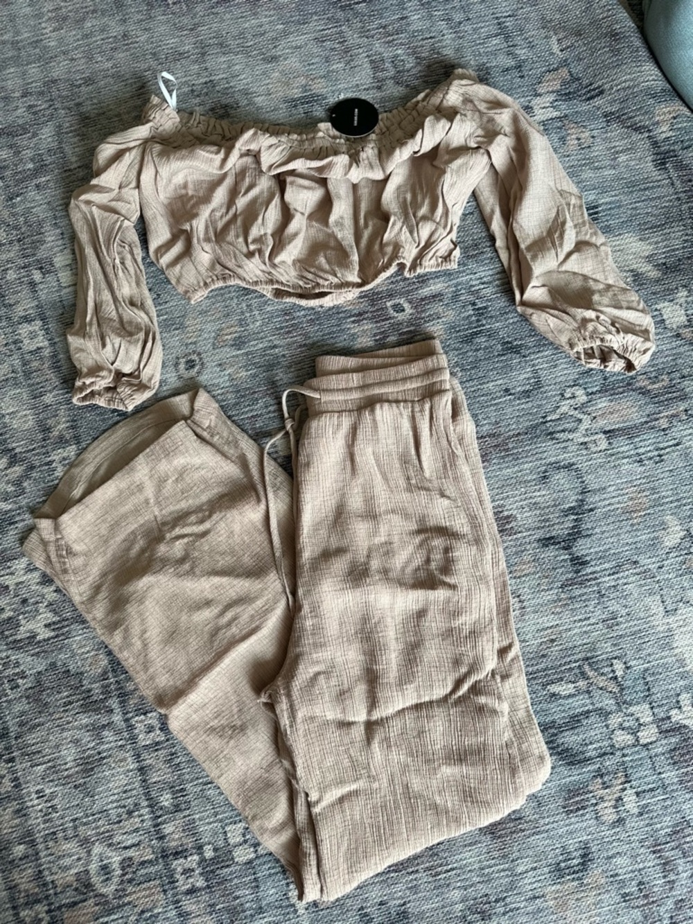 Lulu's Neutral Beige Off-Shoulder Crop Top & Wide Leg Pants Set